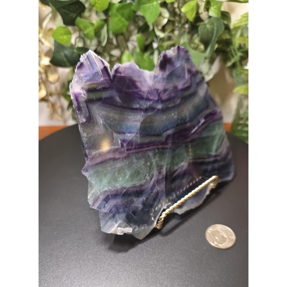 Blue Purple Green Fluorite Slab with Stand, Polished Crystal Specimen (6" x 5")